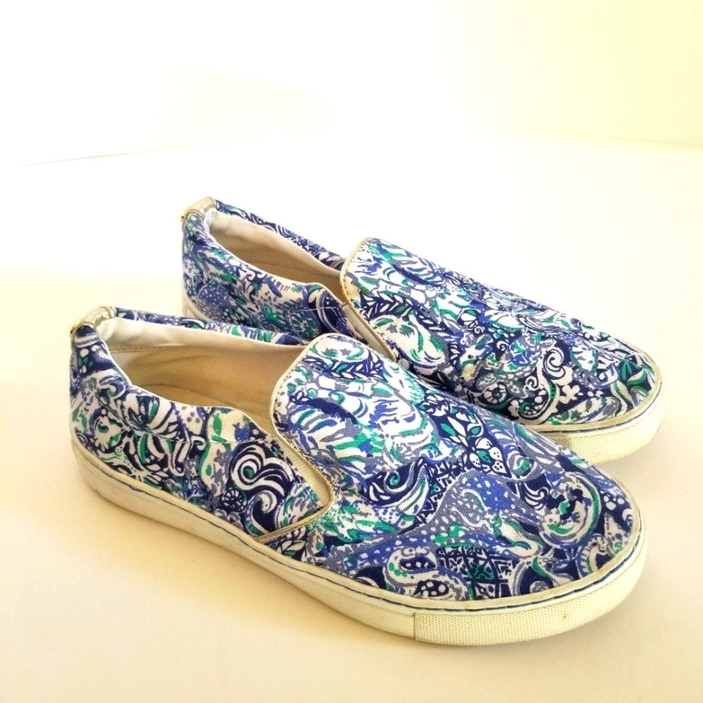 Lilly Pulitzer Julie Slip On Deck Shoe Abstract Pattern White Rubber Sole Size 7